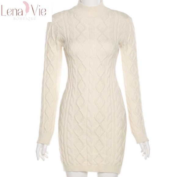 Lena Vie Dreamy Cable Knit Cream Open Back Sweater Dress, Miranda Knit Mini - Picture 13 of 16